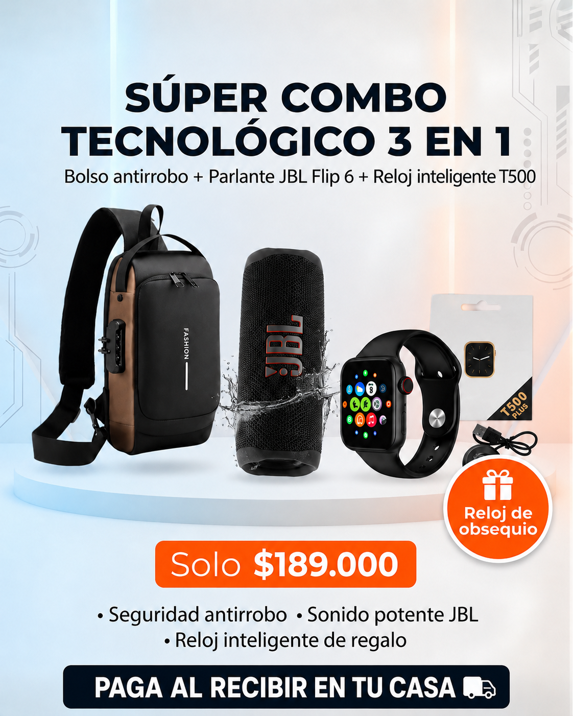 Super Combo Bolso Antirrobo con sistema de clave + JBL charge 5 + Obsequio De Reloj inteligente T500🎁